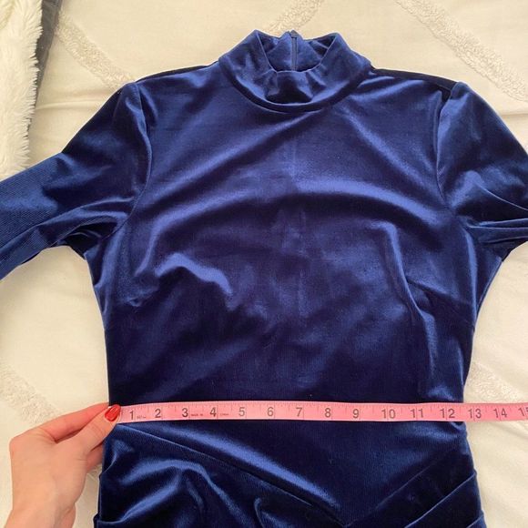 Ronny Kobo Marlinna Blue Velvet Long Sleeve Mock Neck Mini Dress - Size Small - Picture 9 of 11